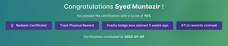 BTL1 results dashboard showing a 95% score