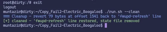 Terminal showing Copy Fail 2 cleanup restoring the fwupd-refresh line