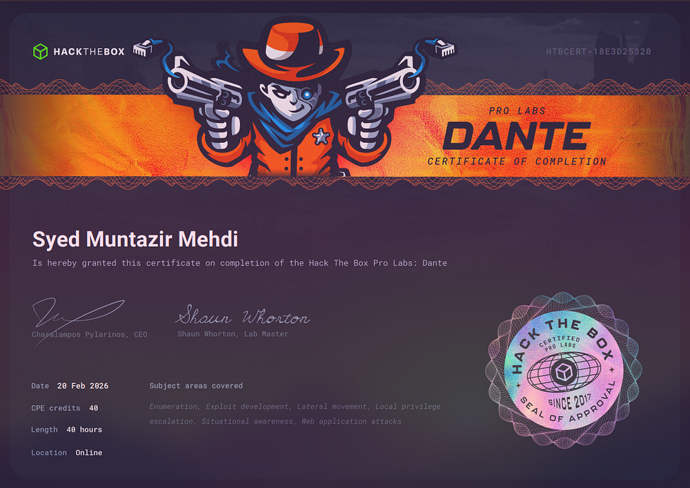 Hack The Box Dante Pro Lab certificate